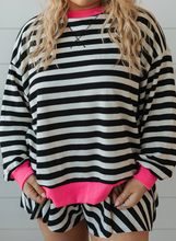 Load image into Gallery viewer, Pre-Order Black Stripe Contrast Ribbed Banding Long Sleeve Blouse Loose Shorts Set