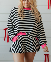 Load image into Gallery viewer, Pre-Order Black Stripe Contrast Ribbed Banding Long Sleeve Blouse Loose Shorts Set