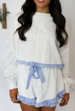 Load image into Gallery viewer, Pre-Order White Striped Ruffle Hem Long Sleeve Pullover and Shorts Set
