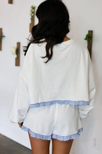 Load image into Gallery viewer, Pre-Order White Striped Ruffle Hem Long Sleeve Pullover and Shorts Set