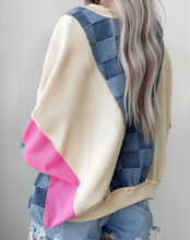 Load image into Gallery viewer, Pre-Order Sky Blue Oversized Checkered Denim Exposed Seam Patchwork Casual Sweatshirt