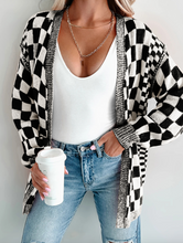 Load image into Gallery viewer, Pre-Order Black Checkered Open Front Drop Shoulder Cardigan