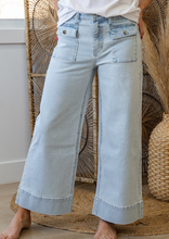 Load image into Gallery viewer, Pre-Order Sky Blue Stripe Button Flap Pocket Cuffed Hem Wide Leg Jeans