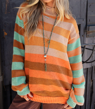 Load image into Gallery viewer, Pre-Order Orange Stripe Color Block High Neck Drop Shoulder Cozy Sweater