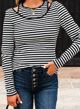 Load image into Gallery viewer, Pre-Order Black Stripe Double-layer Cold Shoulder Long Sleeve Top