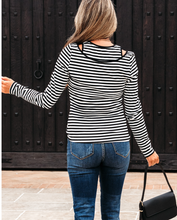 Load image into Gallery viewer, Pre-Order Black Stripe Double-layer Cold Shoulder Long Sleeve Top