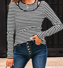Load image into Gallery viewer, Pre-Order Black Stripe Double-layer Cold Shoulder Long Sleeve Top