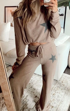 Load image into Gallery viewer, Pre-Order Khaki Retro Star Print Loose Long Sleeve Drawstring Wide Leg 2pcs Lounge Set