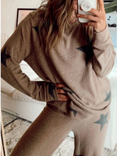 Load image into Gallery viewer, Pre-Order Khaki Retro Star Print Loose Long Sleeve Drawstring Wide Leg 2pcs Lounge Set