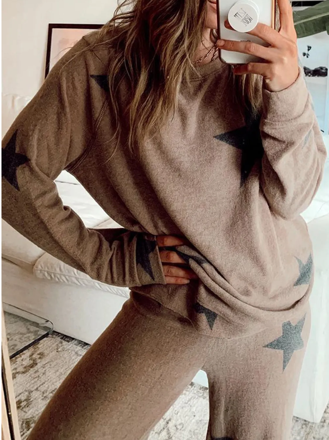 Pre-Order Khaki Retro Star Print Loose Long Sleeve Drawstring Wide Leg 2pcs Lounge Set