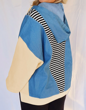 Load image into Gallery viewer, Pre-Order Black Stripe Denim Color Block Quarter Zip Baggy Drawstring Hoodie