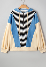 Load image into Gallery viewer, Pre-Order Black Stripe Denim Color Block Quarter Zip Baggy Drawstring Hoodie