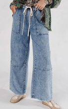 Load image into Gallery viewer, Pre-Order Blue Acid Wash Exposed Seam Drawstring High Waist Jeans