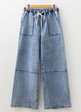 Load image into Gallery viewer, Pre-Order Blue Acid Wash Exposed Seam Drawstring High Waist Jeans