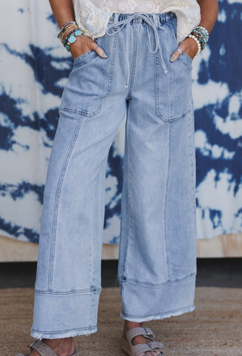 Pre-Order Beau Blue Drawstring Seam Detail Raw Hem Wide Leg Denim Pants