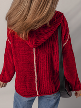 Load image into Gallery viewer, Pre-Order Racing Red Color Contrast Trim Textured Knit Drawstring Hooded Sweater