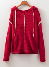 Load image into Gallery viewer, Pre-Order Racing Red Color Contrast Trim Textured Knit Drawstring Hooded Sweater