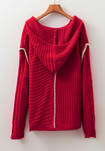 Load image into Gallery viewer, Pre-Order Racing Red Color Contrast Trim Textured Knit Drawstring Hooded Sweater