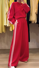 Load image into Gallery viewer, Pre-Order Fiery Red Varsity Striped Detail Crewneck Pullover Elastic Sweatpants 2pcs Outfit