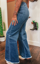 Load image into Gallery viewer, Pre-Order Blue High Waist Button Fly Seamed Raw Hem Flare Jeans