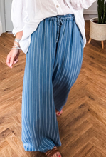 Load image into Gallery viewer, Pre-Order Blue Stripe Chambray Wide Leg Tied Elastic Waist Trousers