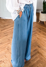 Load image into Gallery viewer, Pre-Order Blue Stripe Chambray Wide Leg Tied Elastic Waist Trousers