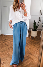 Load image into Gallery viewer, Pre-Order Blue Stripe Chambray Wide Leg Tied Elastic Waist Trousers