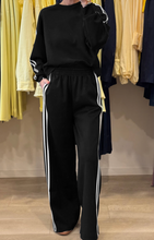 Load image into Gallery viewer, Pre-Order Black Varsity Striped Detail Crewneck Pullover Elastic Sweatpants 2pcs Outfit
