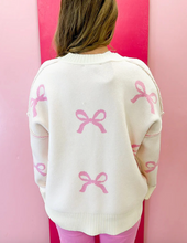 Load image into Gallery viewer, Pre-Order Pink Bow Print Ribbed Trim Exposed Seam Drop Shoulder Loose Sweater
