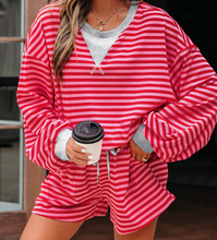 Load image into Gallery viewer, Pre-Order Red Stripe Drop Shoulder Baggy Pullover and Shorts Casual Set