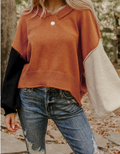 Load image into Gallery viewer, Pre-Order Desert Gold Colorblock Raw Edge Bubble Sleeve V Neck Sweater