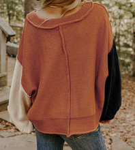 Load image into Gallery viewer, Pre-Order Desert Gold Colorblock Raw Edge Bubble Sleeve V Neck Sweater