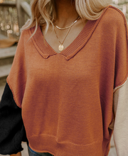 Load image into Gallery viewer, Pre-Order Desert Gold Colorblock Raw Edge Bubble Sleeve V Neck Sweater