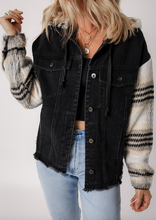 Load image into Gallery viewer, Pre-Order Black Plaid Sleeve Frayed Hem Hooded Denim Jacket