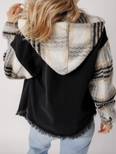 Load image into Gallery viewer, Pre-Order Black Plaid Sleeve Frayed Hem Hooded Denim Jacket