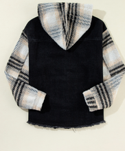 Load image into Gallery viewer, Pre-Order Black Plaid Sleeve Frayed Hem Hooded Denim Jacket