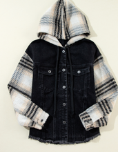 Load image into Gallery viewer, Pre-Order Black Plaid Sleeve Frayed Hem Hooded Denim Jacket