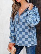 Load image into Gallery viewer, Pre-Order Sky Blue Checkerboard Zipped Neck Kangaroo Pocket Denim Hoodie