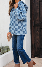 Load image into Gallery viewer, Pre-Order Sky Blue Checkerboard Zipped Neck Kangaroo Pocket Denim Hoodie