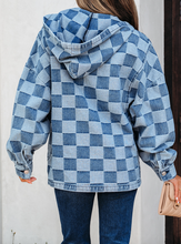 Load image into Gallery viewer, Pre-Order Sky Blue Checkerboard Zipped Neck Kangaroo Pocket Denim Hoodie