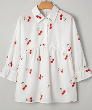 Load image into Gallery viewer, Pre-Order White Cherry Print Flounce Sleeve Collared Frilled Babydoll Blouse