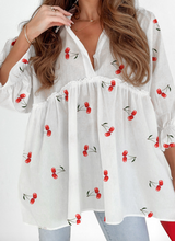 Load image into Gallery viewer, Pre-Order White Cherry Print Flounce Sleeve Collared Frilled Babydoll Blouse