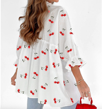 Load image into Gallery viewer, Pre-Order White Cherry Print Flounce Sleeve Collared Frilled Babydoll Blouse