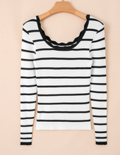 Load image into Gallery viewer, Pre-Order Black white Scalloped Trim U Neck Striped Ribbed Slim Sweater