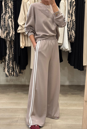 Pre-Order Khaki Varsity Striped Detail Crewneck Pullover Elastic Sweatpants 2pcs Outfit