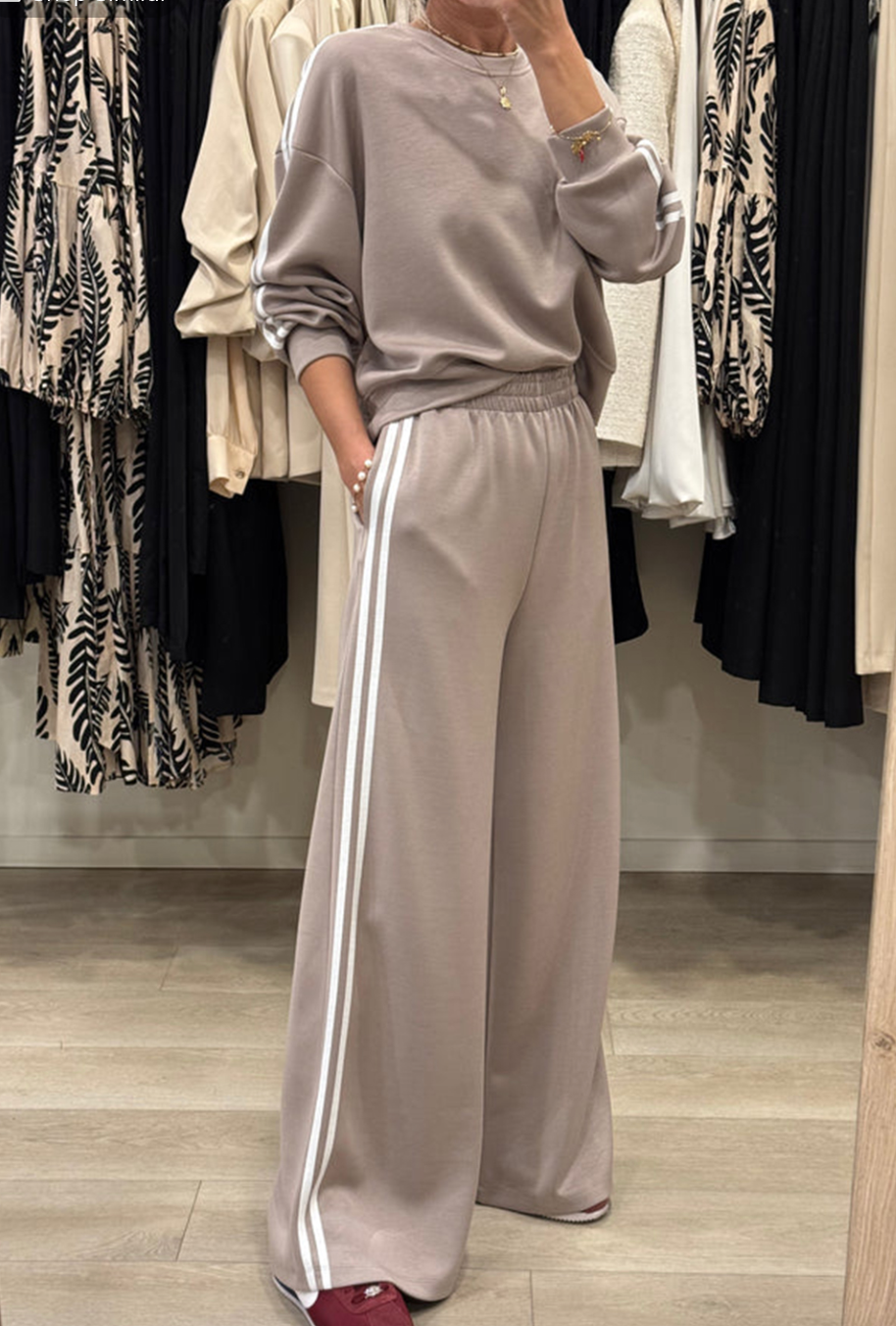 Pre-Order Khaki Varsity Striped Detail Crewneck Pullover Elastic Sweatpants 2pcs Outfit