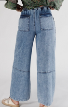Load image into Gallery viewer, Pre-Order Blue Acid Wash Exposed Seam Drawstring Elastic Waistband Jeans