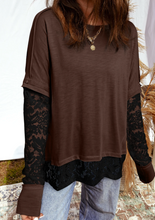 Load image into Gallery viewer, Pre-Order Dark Brown Sheer Lace Patchwork Casual Long Sleeve Tee