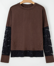 Load image into Gallery viewer, Pre-Order Dark Brown Sheer Lace Patchwork Casual Long Sleeve Tee