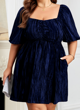 Load image into Gallery viewer, Pre-Order Navy Blue Velvet Ruched Bust Square Neck Short Puff Sleeve Plus Dress